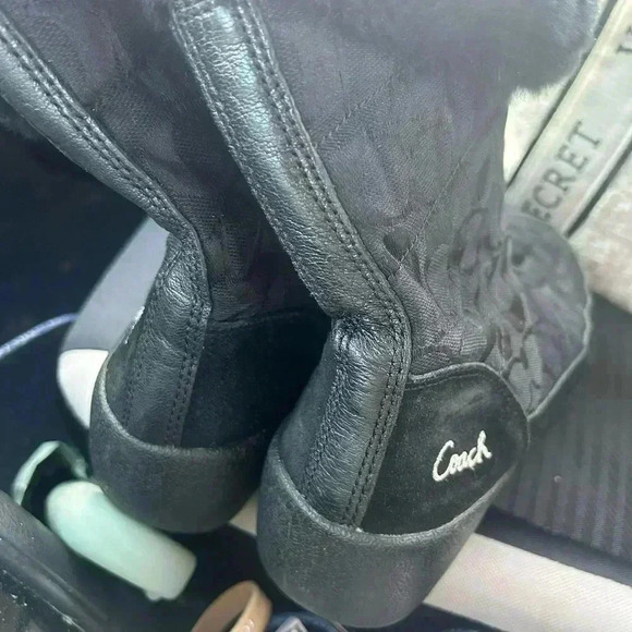 COACH "Faith" Sz 8 Black Monogram Boots w/Rabbit Fur Cuff LOGO - Picture 3 of 6